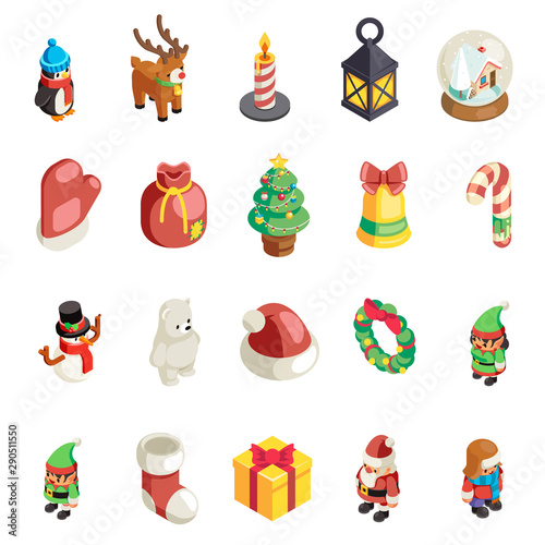 Isometric christmas 3d decoration new year icons set flat cartoon design vector illustration