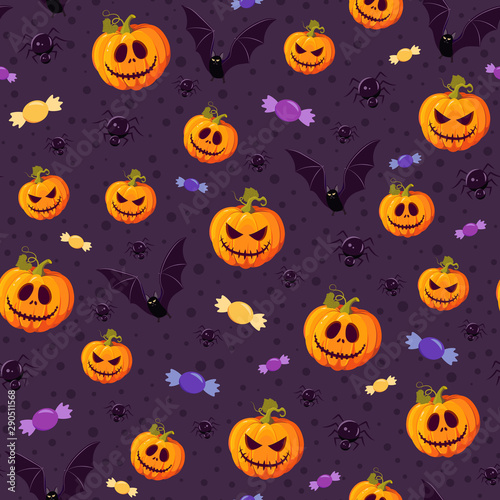 Halloween pumpkin seamless pattern on purple background. halloween pattern background. vector illustration