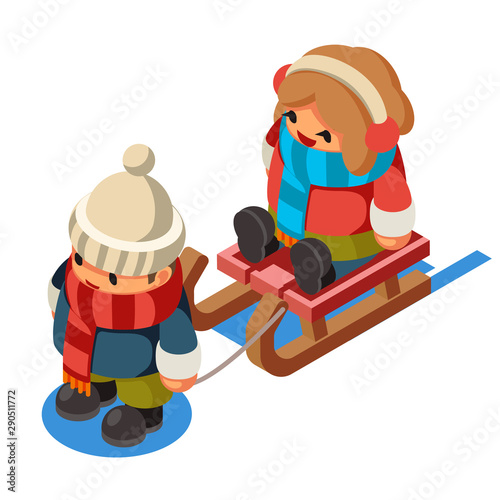 Kids isometric boy sledding girl sleigh winter flat design vector illustration