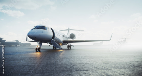 Business private jet airplane parked at outside and waiting vip persons. Luxury tourism and business travel transportation concept. 3d rendering