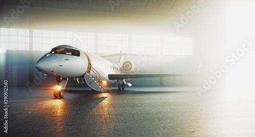 Business private jet airplane parked at maintenance hangar and ready for take off. Luxury tourism and business travel transportation concept. 3d rendering