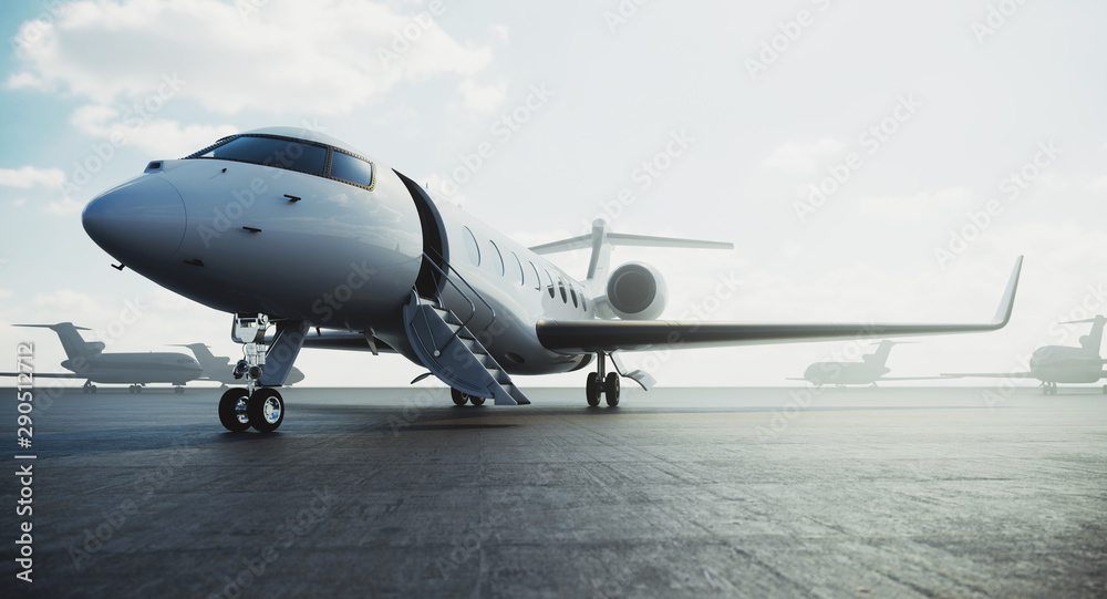 Business class jet airplane parked at airfield and waiting vip persons for take off. Luxury tourism and business travel transportation concept. 3d rendering