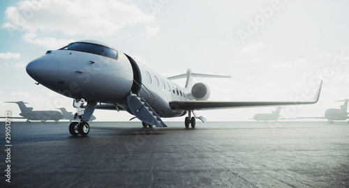 Business class jet airplane parked at airfield and waiting vip persons for take off. Luxury tourism and business travel transportation concept. 3d rendering