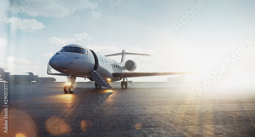 Business jet airplane parked at outside and waiting vip persons. Luxury tourism and business travel transportation concept. Flares. 3d rendering