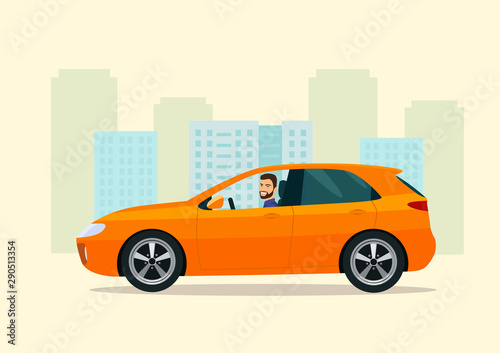 Hatchback car with a driver man on a background of abstract cityscape. Vector flat style illustration.