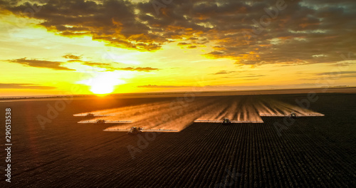Spraying pesticides and fertilizers on sunset cotton crop photo