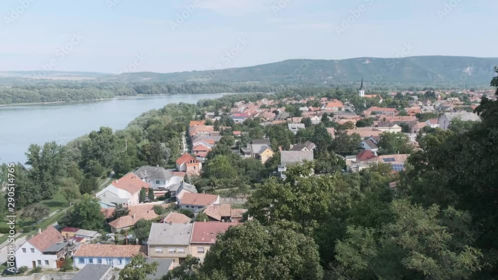 ESZTERGOM, HUNGARY - AUGUST 20, 2019: Vizivaros is a neighborhood of Esztergom on the right bank of the Danube, under the royal castle and the St. Adalbert Primatial Basilica. View from castle hill ESZTERGOM, HUNGARY - AUGUST 20, 2019: Vizivaros is a neighborhood of Esztergom on the right bank of the Danube, under the royal castle and the St. Adalbert Primatial Basilica. View from castle hill