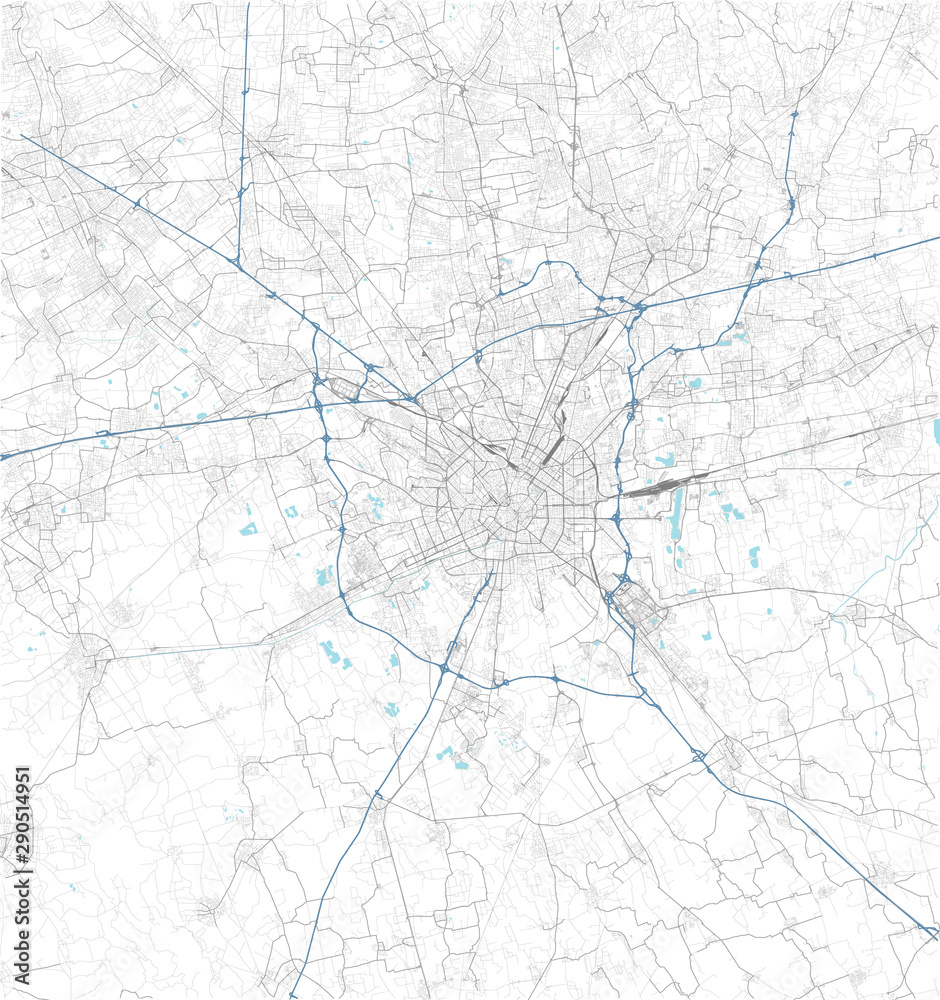 Satellite map of Milan and surrounding areas. Lombardy, Italy. Map roads, ring roads and highways, rivers, railway lines