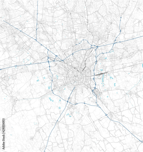 Satellite map of Milan and surrounding areas. Lombardy  Italy. Map roads  ring roads and highways  rivers  railway lines