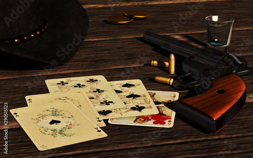 A poker hand rests on an old wooden table. It consists of five cards including the black aces and eights: the legendary dead man's hand. 3D Rendering photo