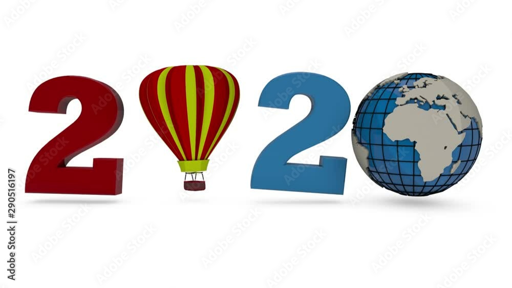 3D animation of planet earth and balloon forming the date of 2020 new year. animation to explore compositions. 3D animation of planet earth and balloon forming the date of 2020 new year. animation to explore compositions.