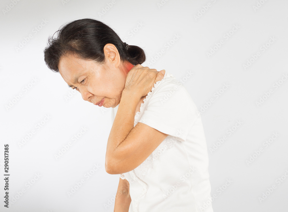 old asian woman feel neck muscle pain