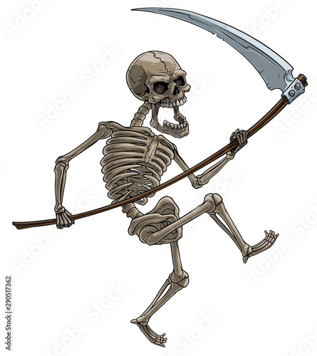 Cartoon detailed realistic colorful scary human skeleton with skull holding metal sharp scythe. Isolated on white background. Vector icon.