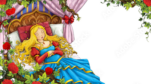 Принти на полотні Cartoon scene of rose garden with sleeping princess with white background illust