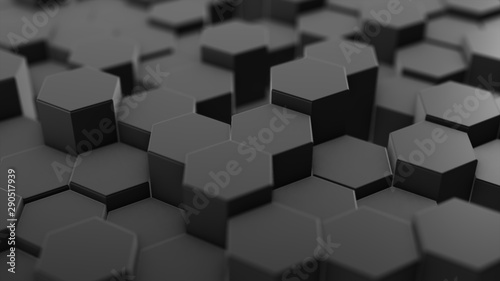 Abstract hexagon geometry background, dark hexagonal pattern randomly waving, animation 3D rendering