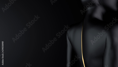 Perfect naked body, black back of a sexy woman with a gold stripe down her spine on a dark background. Art Nude. 3D rendering.