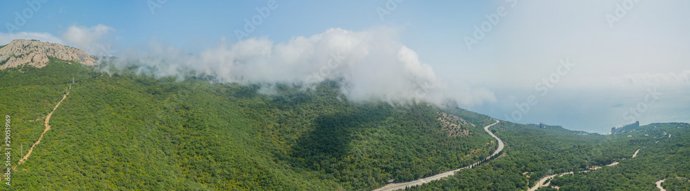 Crimea travel: high resolution panoramic view of seaside resort city, mountains and hills Crimea travel: high resolution panoramic view of seaside resort city, mountains and hills
