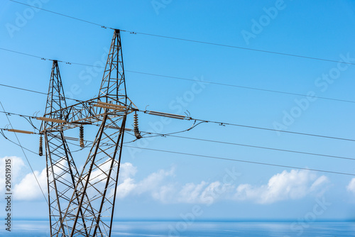 Steel pylon with high voltage power distribution lines