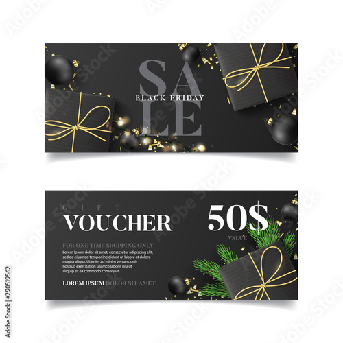 Gift voucher for Black Friday sale. Vector illustration with realistic gift boxes, light garlands, Christmas balls and confetti. Design of discount coupon usable for invitations or tickets.