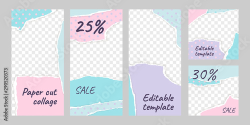 Set of editable template for social media posts and stories in paper cut collage design. Stylish design backgrounds in pastel retro style. Fashion and lifestyle blog template, vector Illustration.