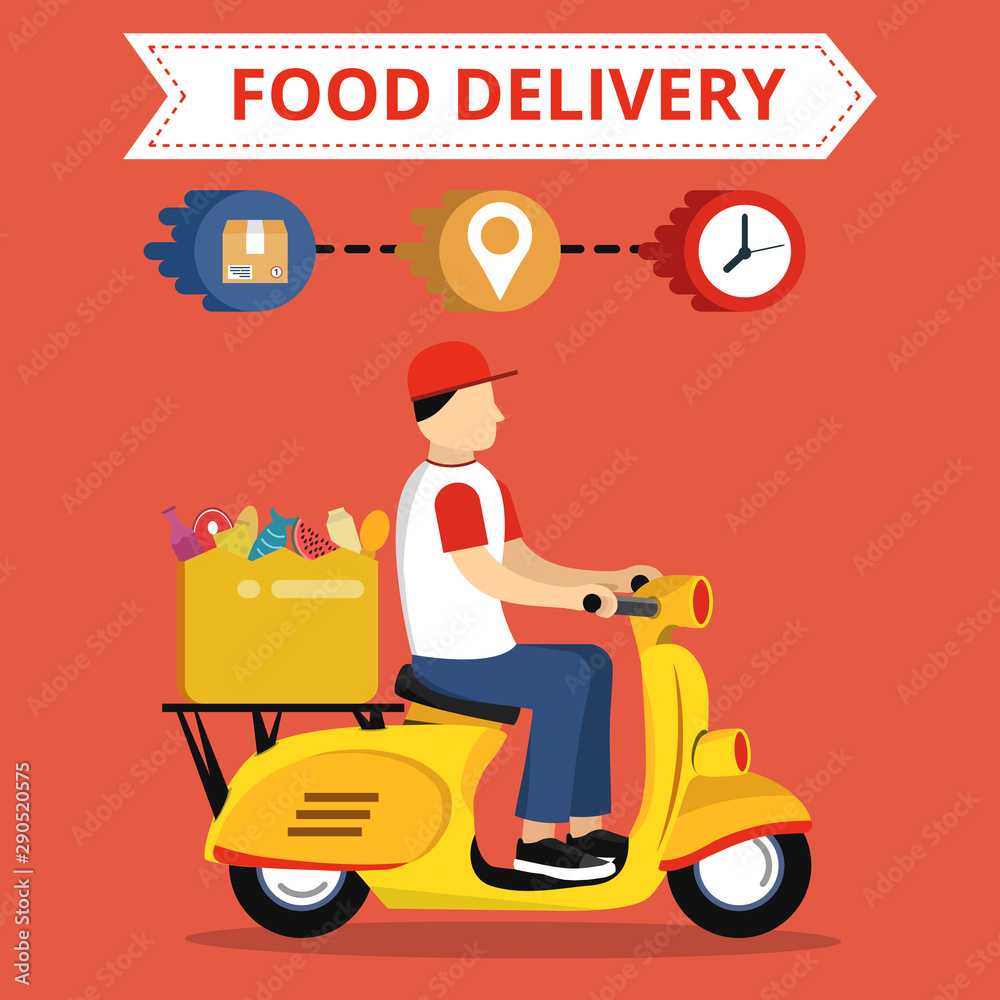 Concept of the fast grocery delivery service on scooter or motorbike. Flat vector illustration.