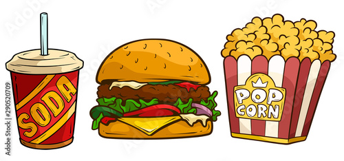 Cartoon tasty big hamburger with cheese and sesame seeds, popcorn in paper bucket box and red plastic cup of soda drink with straw. Isolated on white background. Cinema icon. Vector sticker set.