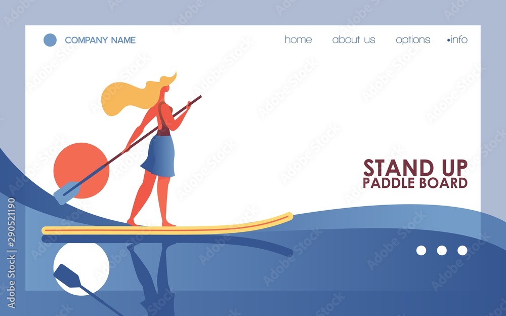 Vector concept illustration with active woman surfing board on river or sea. Blue wave and sun on landing page template dedicated to stand up paddle boarding, drawn in vibrant colors