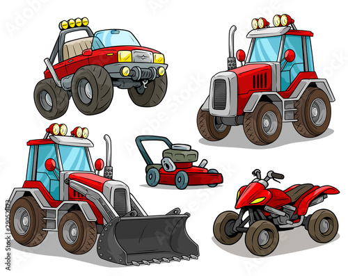 Cartoon rCartoon red front loader bulldozer or tractor with shovel, offroad monster truck, modern quad motorbike and lawn mower. Isolated on white background. Vector icon set.