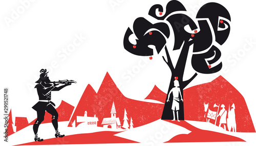 William Tell shoots an apple on his son's head, vector illustration