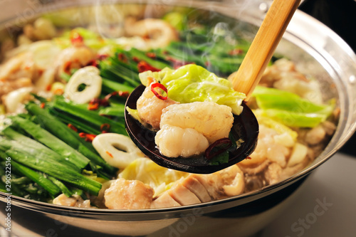 もつ鍋　Motsunabe. Giblets cooked in a hot pot Japanese food photo