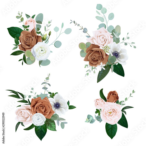 Set of bouquets with pale pink and brown roses