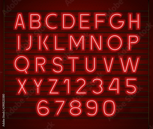 Neon glowing red 3d letters and numbers on a dark background.