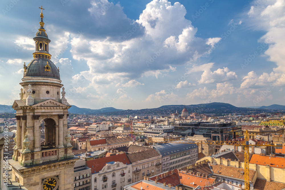 Panoramic view of historic buildings and streets from St. Stephen's Basilica in Budapest,  Hungary, Europe.
