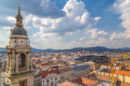 Panoramic view of historic buildings and streets from St. Stephen's Basilica in Budapest, Hungary, Europe.