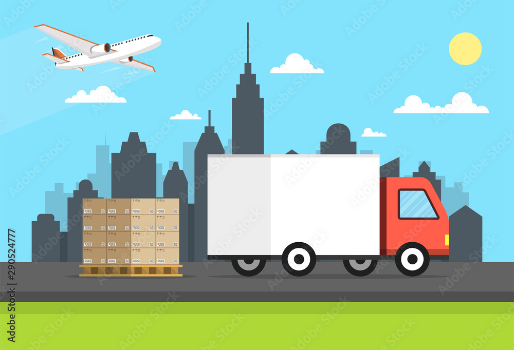 Delivery van with shadow and cardboard boxes on city background. Product goods shipping transport. Concept of the shipping service. Vector illustration. Delivery van with shadow and cardboard boxes on city background. Product goods shipping transport. Concept of the shipping service. Vector illustration.
