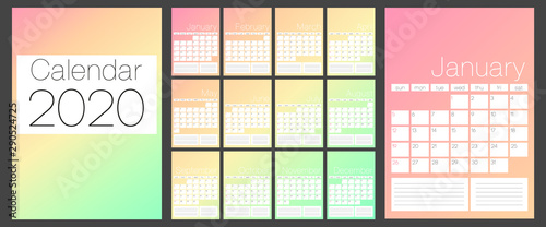 Calendar 2020. Simple Colorful Gradient minimal background. Calendar planner template. Week Starts on Sunday. Set of 12 Months. Vector