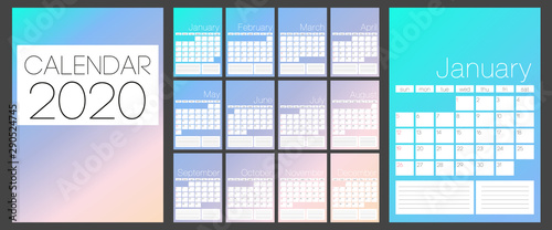 Calendar 2020. Simple Colorful Gradient minimal background. Calendar planner template. Week Starts on Sunday. Set of 12 Months. Vector
