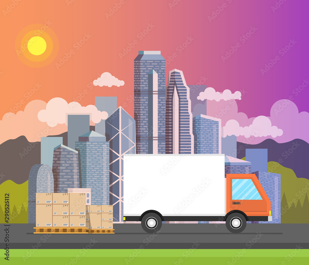 Delivery van with shadow and cardboard boxes on city background.  Product goods shipping transport. Concept of the shipping service. Vector illustration.