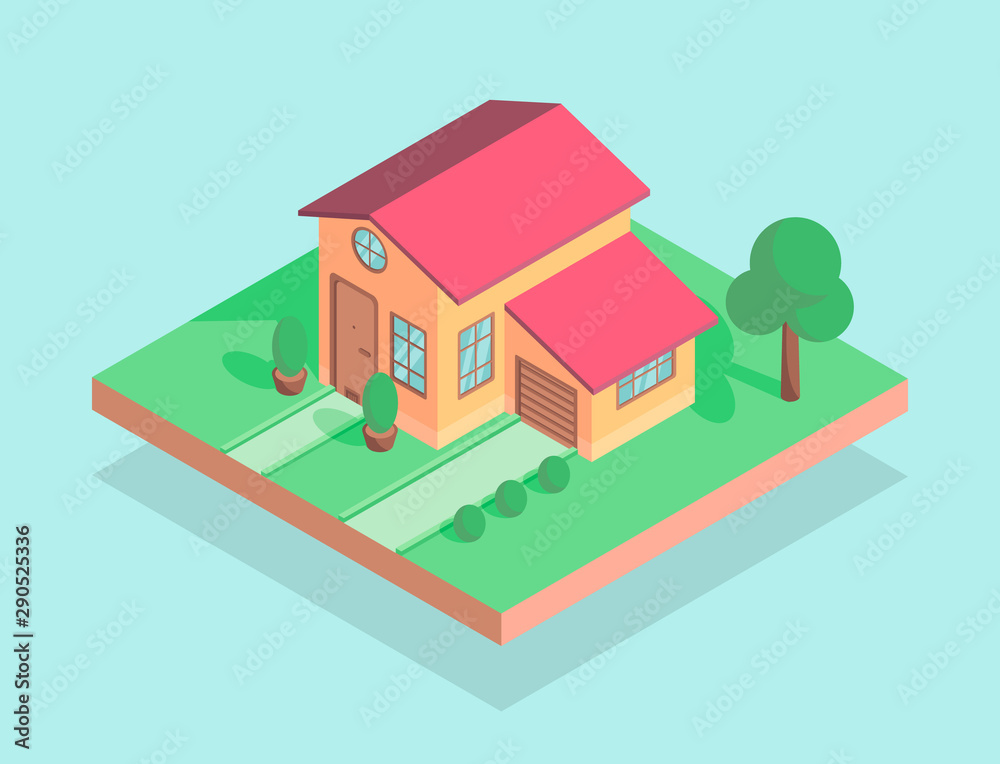 Isometric house with trees, flat design Isometric house with trees, flat design