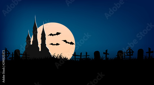 Halloween background. Full moon in the dark night with bats. Abandoned cemetery. Vector illustration. Night castle lit by the full moon.