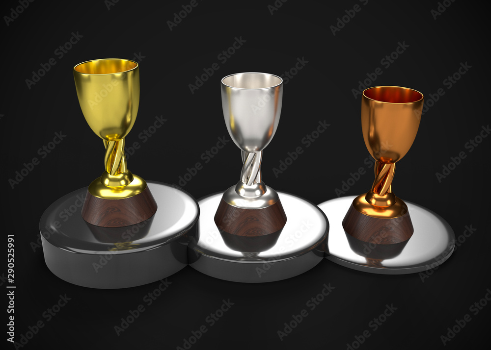 Gold Silver & Bronze Trophy Champions Winner 3D Render Gold Silver & Bronze Trophy Champions Winner 3D Render