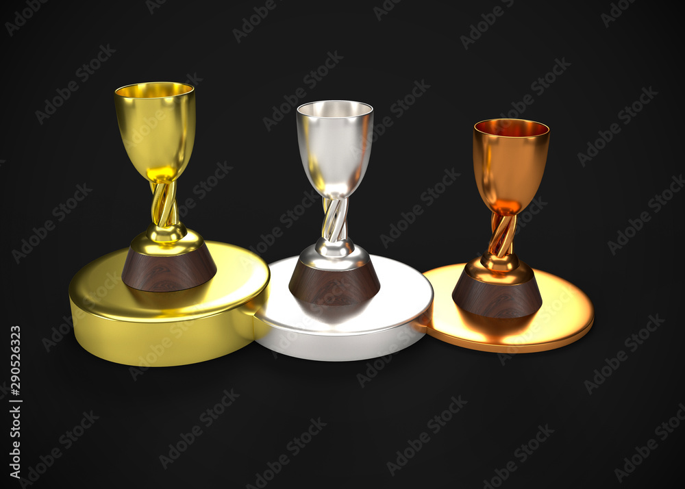 Gold Silver & Bronze Trophy Champions Winner 3D Render