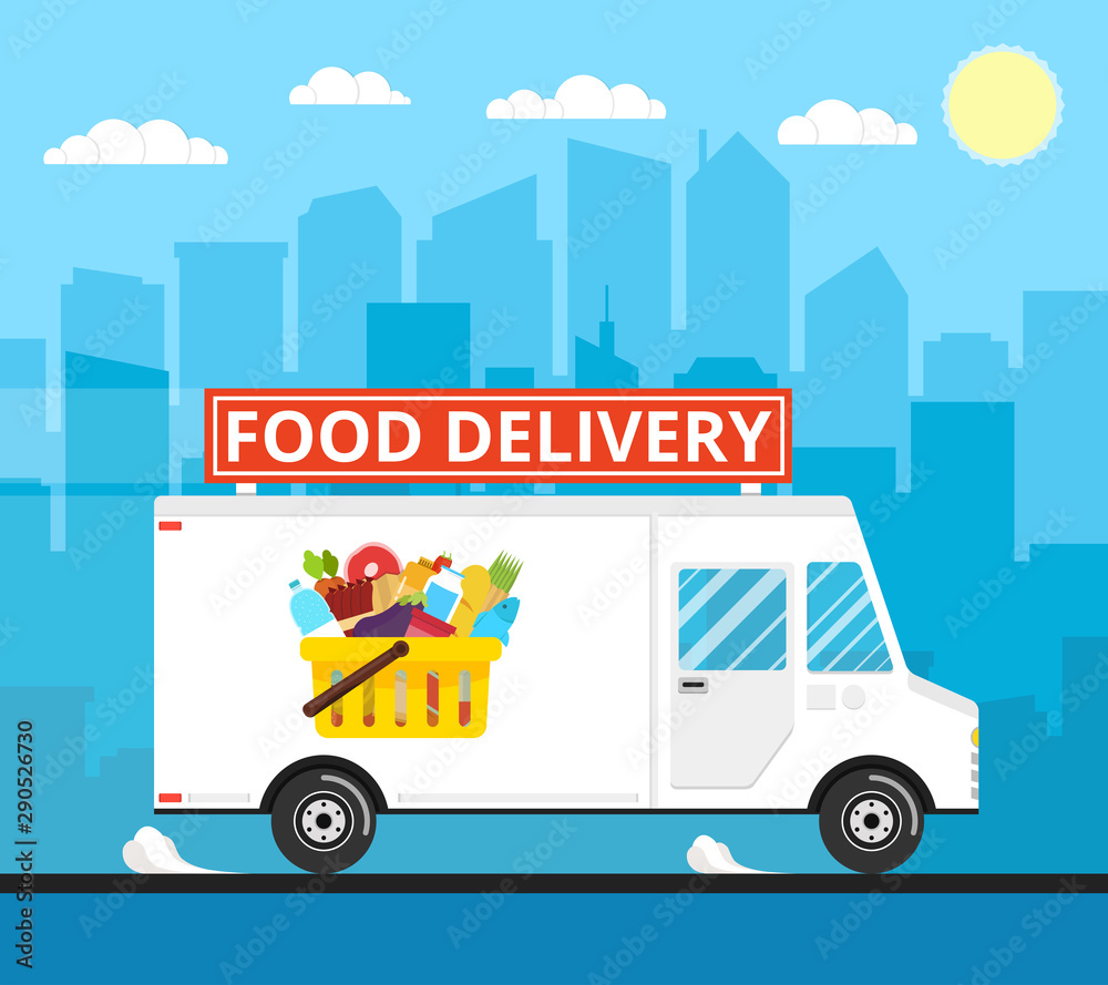Fototapeta premium Food truck of delivery rides at high speed. City skyscrapers, clouds and sun on the background. Flat vector illustration.