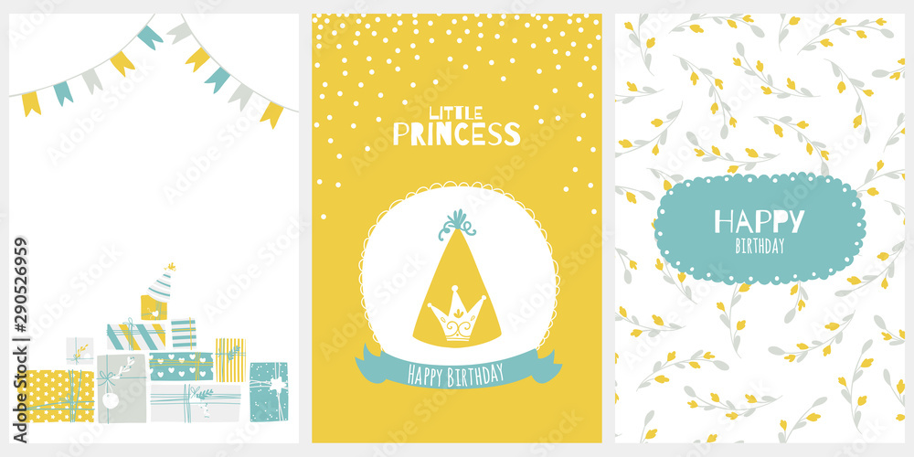 Happy birthday greeting card for little princess. Vector illustration in cartoon scandinavian style. Stylish limited palette.