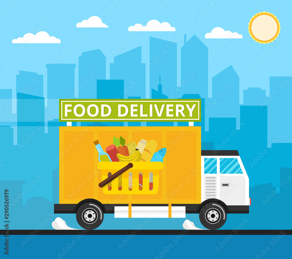 Food truck of delivery rides at high speed. City skyscrapers, clouds and sun on the background. Flat vector illustration.