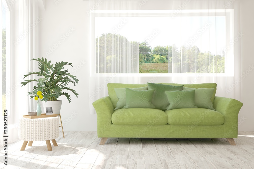 Fototapeta premium Stylish room in white color with sofa. Scandinavian interior design. 3D illustration