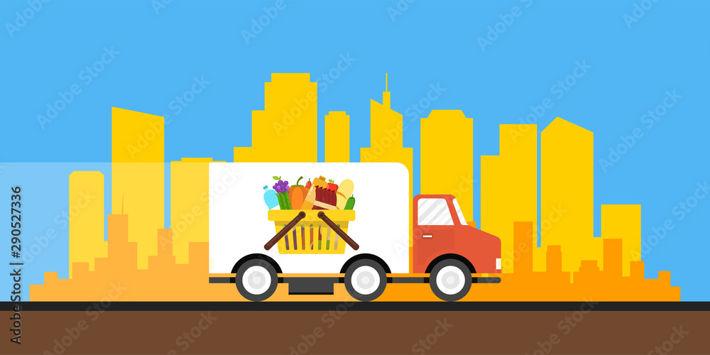 Food truck of delivery rides at high speed. City skyscrapers on the background. Flat cartoon style. Vector illustration.
