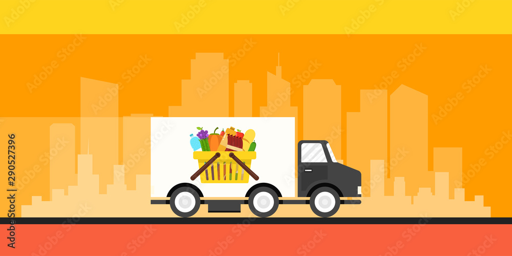 Food truck of delivery rides at high speed. City skyscrapers on the background. Flat cartoon style. Vector illustration. Food truck of delivery rides at high speed. City skyscrapers on the background. Flat cartoon style. Vector illustration.