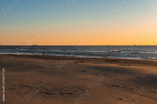 Fototapeta Naklejka Na Ścianę i Meble -  The sand beach fill the sunset light. The sea waves roll over. There is a ships on a horizon. the sand. 