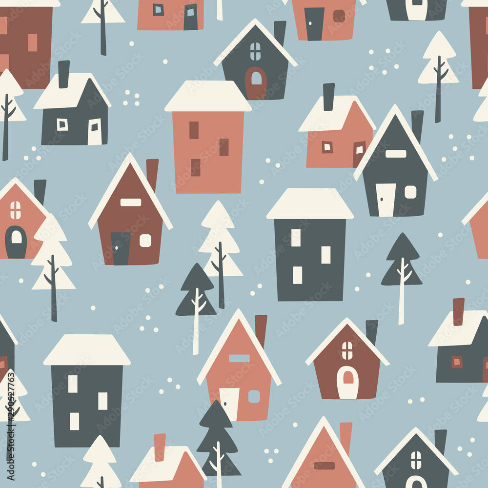 Winter holiday village snow seamless pattern illustration background holiday season